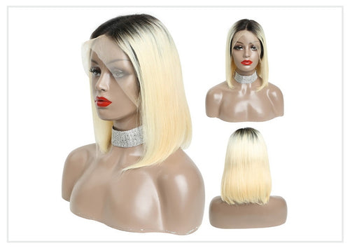 Star (13x6 Lace Front Silky Straight 1b/613 Ombre Rooted Blonde Bob Lob 100% Remy HH 150% & 180% Density)