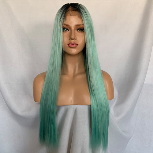 Minty (Ombre Rooted Minty Green Blue Silky Straight Synthetic Heat Safe 13x6 LF Long Wig)