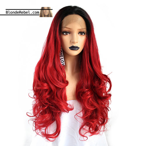 Candy Apple (Ombre Rooted Red Heat Safe Synthetic Lace Front Wig, 20