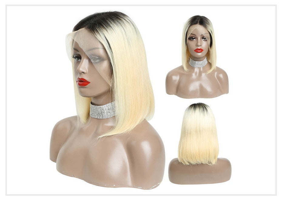 Star (13x6 Lace Front Silky Straight 1b/613 Ombre Rooted Blonde Bob Lob 100% Remy HH 150% & 180% Density)